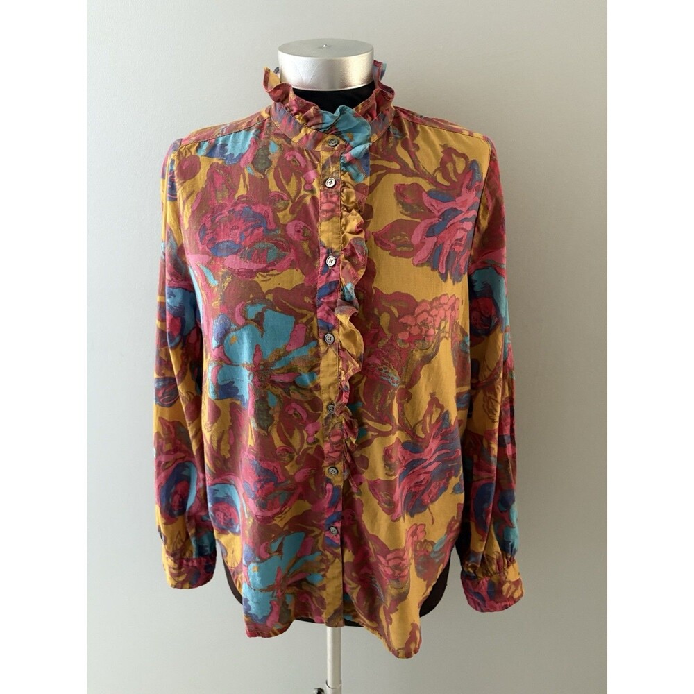 Sundance Ruffle Shirt Womens S Mustard Floral Boho High Neck Retro Lightweight